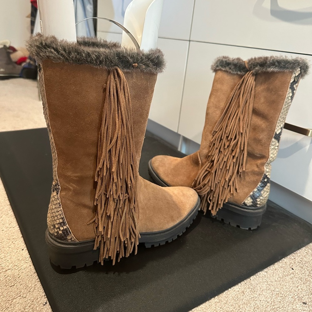 Sam Edelman Brown Fringe Boots with Faux Fur